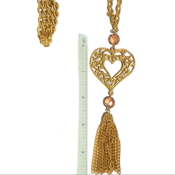 🆕 Lovely Gold Filigree Heart & Peach AB Crystal Beaded Tassel Long Necklace NWT - Picture 4 of 6